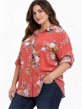 Torrid 5 5X Coral Floral Button Down Shirt Plus Long Sleeve Boho Blouse linen